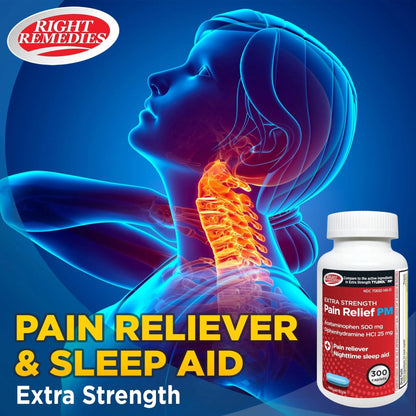 Right Remedies Extra Strength Pain Relief PM & Nighttime Sleep Aid Caplets,(300 count), Acetaminophen 500 mg & Diphenhydramine HCl 25 mg, Non-Habit Forming, Compare to Active ingredients of Tylenol PM - Maple Wellness Supplements
