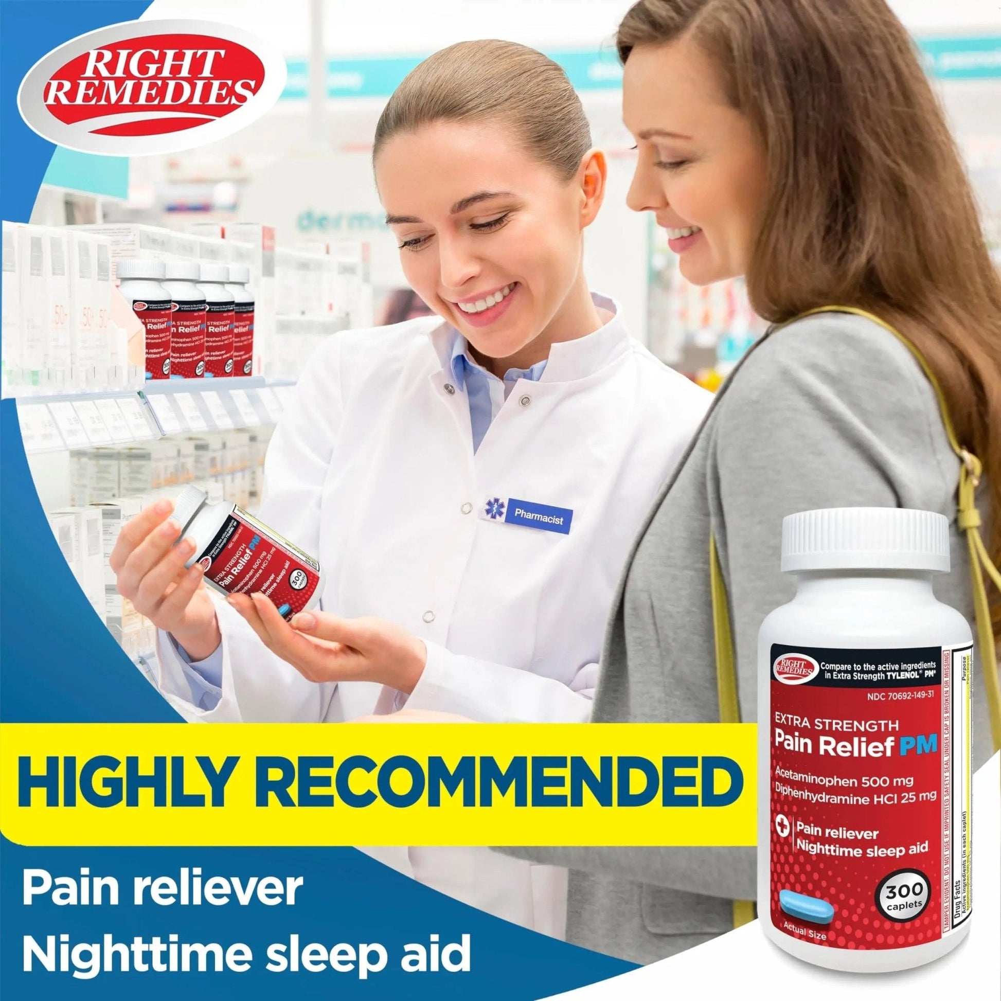 Right Remedies Extra Strength Pain Relief PM & Nighttime Sleep Aid Caplets,(300 count), Acetaminophen 500 mg & Diphenhydramine HCl 25 mg, Non-Habit Forming, Compare to Active ingredients of Tylenol PM - Maple Wellness Supplements