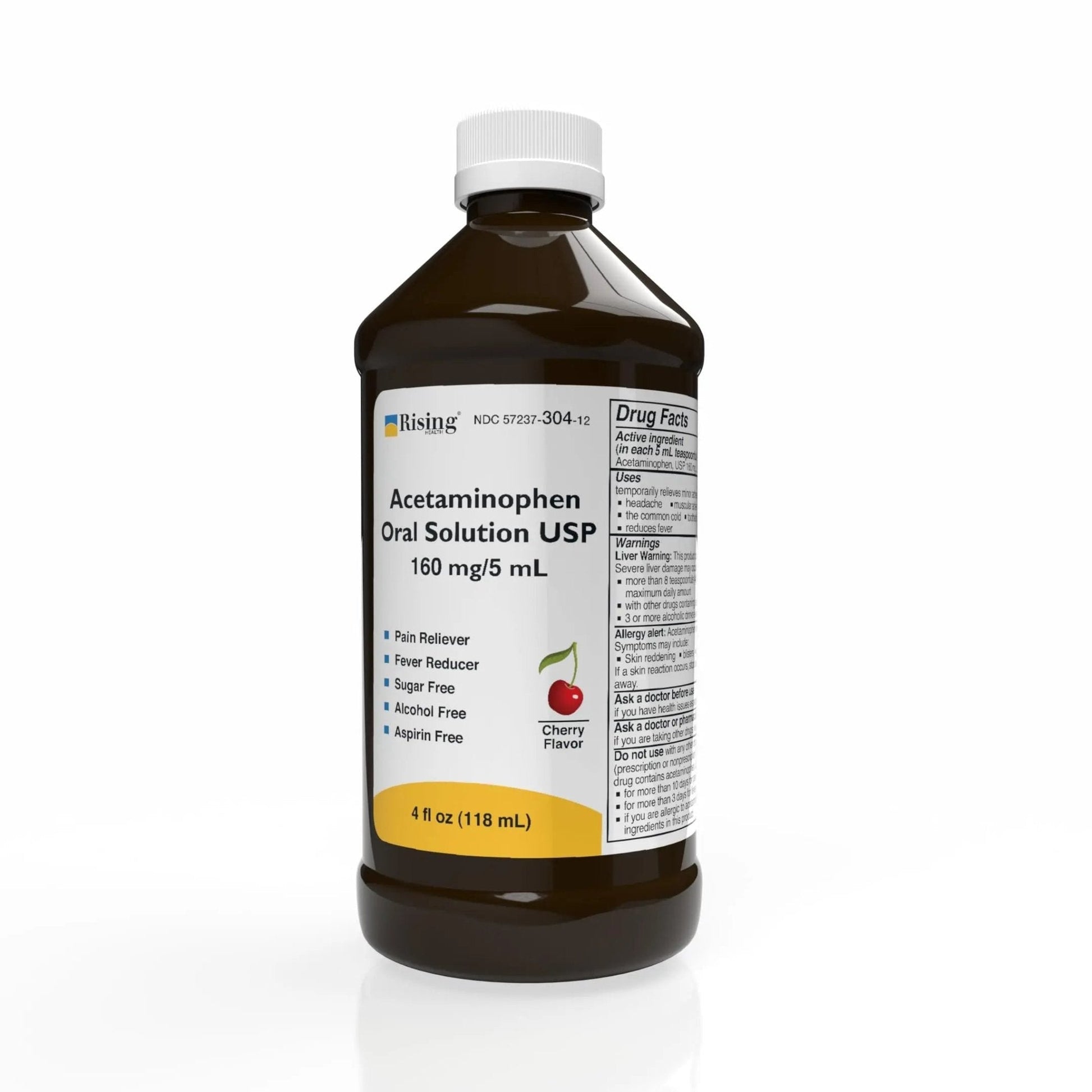 Rising Health Acetaminophen Oral Solution USP, 160 mg/5 mL | Pain & Fever Reliever | Cherry Flavor | Available in 118 mL & 473 mL (118ml - 4oz) - Maple Wellness Supplements