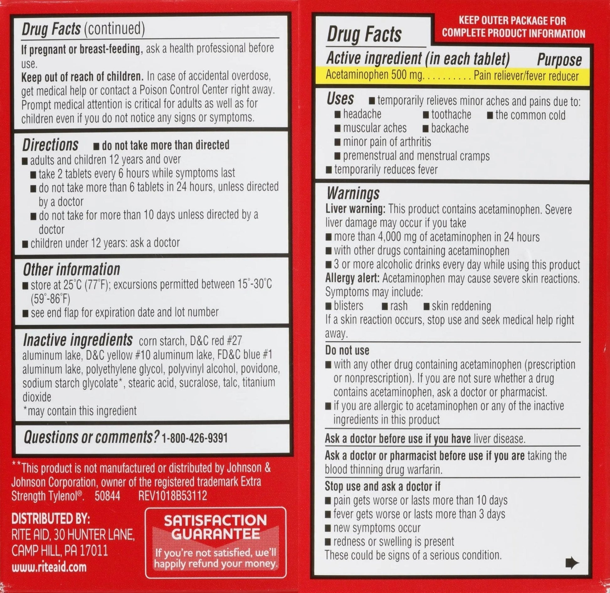 Rite Aid Extra Strength Acetaminophen Easy Tabs Tablets, 500 mg - 100 Count | Pain Reliever & Fever Reducer | Migraine Relief Products | Joint Pain Relief | Muscle Pain Relief | Menstrual Pain Relief - Maple Wellness Supplements