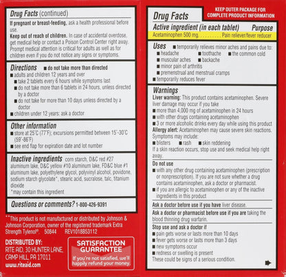 Rite Aid Extra Strength Acetaminophen Easy Tabs Tablets, 500 mg - 100 Count | Pain Reliever & Fever Reducer | Migraine Relief Products | Joint Pain Relief | Muscle Pain Relief | Menstrual Pain Relief - Maple Wellness Supplements
