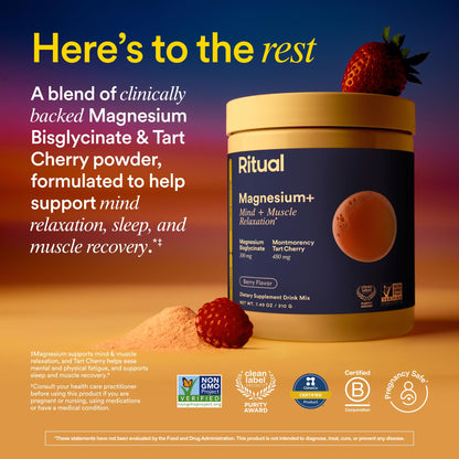 Ritual Magnesium+ Drink Mix Supplement | 2-in-1 Science-Backed Tart Cherry & Gentle on Stomach Magnesium Bisglycinate | Formulated for Mind & Muscle Relaxation | Supports Sleep & Calm | 30 Servings - Maple Wellness Supplements