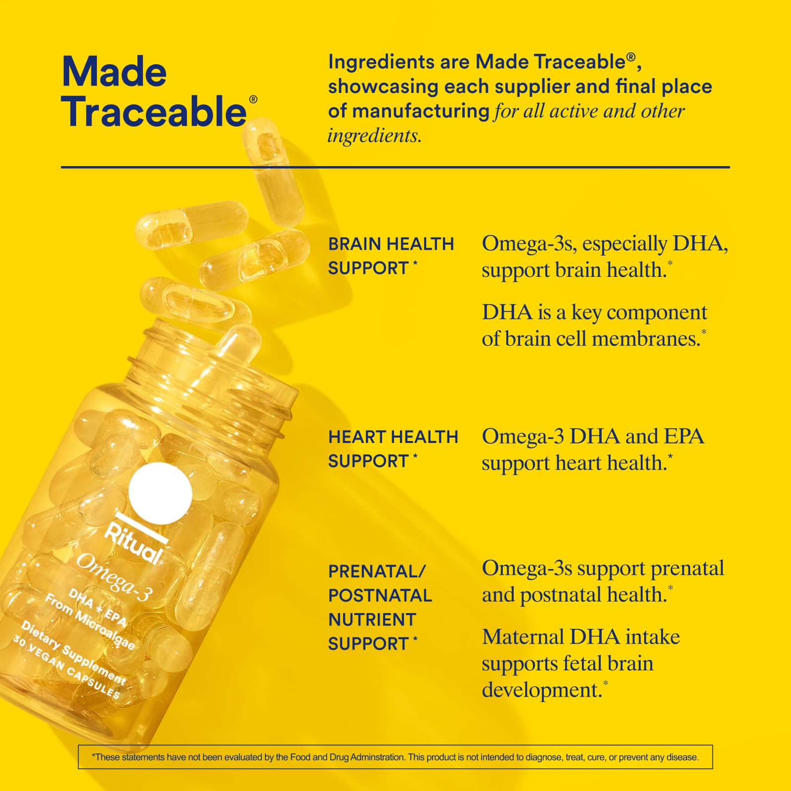 Ritual Vegan Omega 3 Supplement - Science-Backed Dose of DHA and EPA - Bioavailable Omega-3 from Algae Oil - Brain, Heart, and Eye Health Support - Maple Wellness Supplements