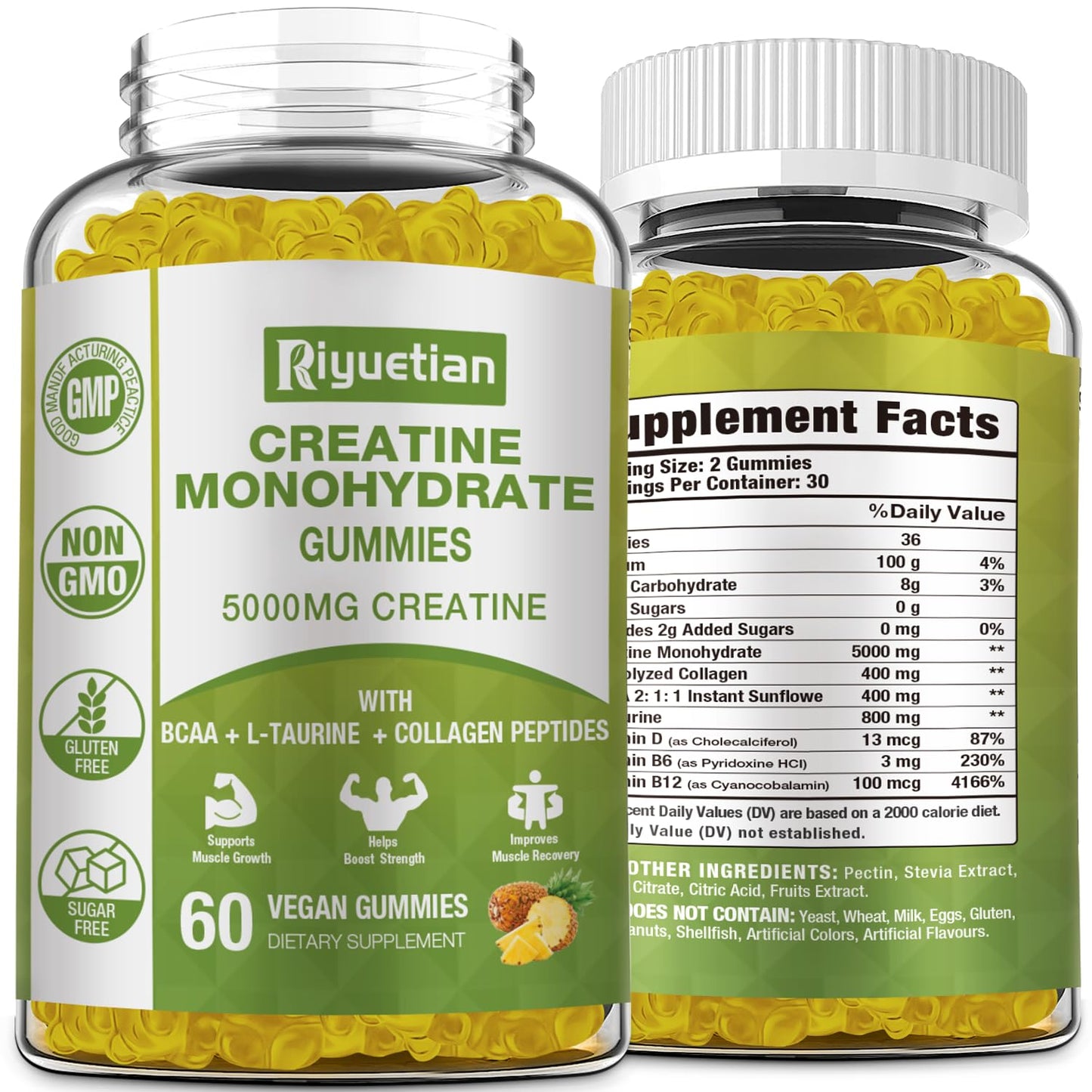 Riyuetian Creatine Monohydrate Gummies, Creatine for Men & Women, Chewable Creatine for Enhancing Focus and Endurance, 5g Creatine per Serving, Sugar-Free, 60 Count - Maple Wellness Supplements