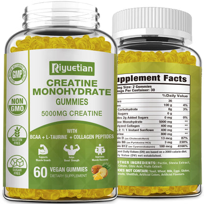 Riyuetian Creatine Monohydrate Gummies, Creatine for Men & Women, Chewable Creatine for Enhancing Focus and Endurance, 5g Creatine per Serving, Sugar-Free, 60 Count - Maple Wellness Supplements