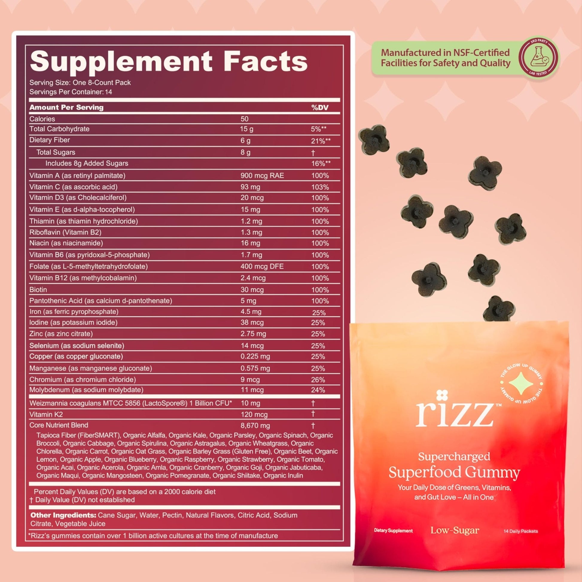 Rizz Low Sugar Green Gummies - 60+ Superfoods 6g Fiber - Prebiotic and Probiotic Gummies - Vegan Multivitamins for Women & Men - Gluten Free - Mushroom, - Maple Wellness Supplements