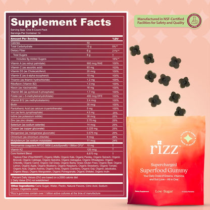 Rizz Low Sugar Green Gummies - 60+ Superfoods 6g Fiber - Prebiotic and Probiotic Gummies - Vegan Multivitamins for Women & Men - Gluten Free - Mushroom, - Maple Wellness Supplements