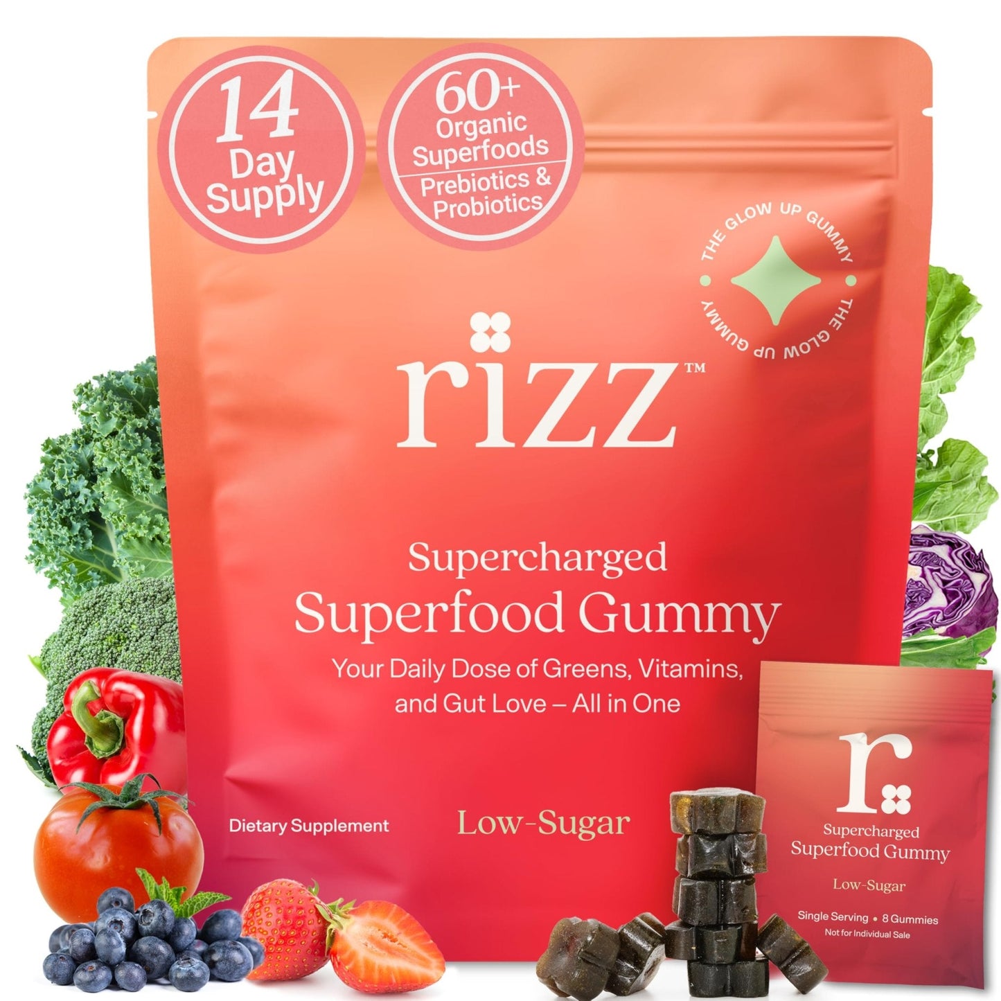 Rizz Low Sugar Green Gummies - 60+ Superfoods 6g Fiber - Prebiotic and Probiotic Gummies - Vegan Multivitamins for Women & Men - Gluten Free - Mushroom, - Maple Wellness Supplements