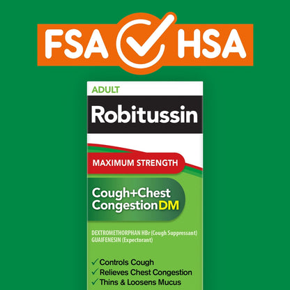 Robitussin Adult Maximum Strength Cough Plus Chest Congestion DM Max, Cough Suppressant and Expectorant, Raspberry Flavor, 8 Fl Oz x 2 - Maple Wellness Supplements