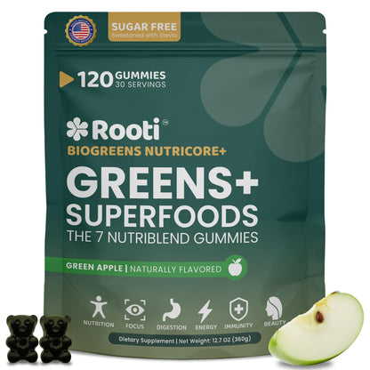 ROOTI Greens + Superfoods Gummies for Adults – 7-in-1 Whole Food Supplement, Spirulina, Lion’s Mane, Probiotics, Fiber & Digestive Enzymes Vegan, Sugar-Free, - Maple Wellness Supplements