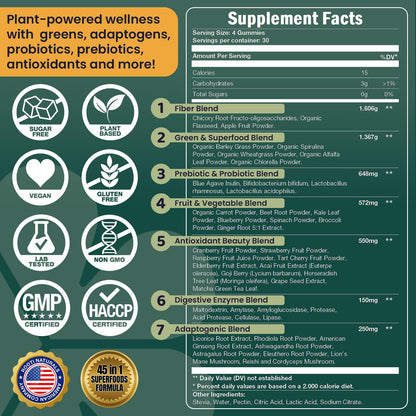 ROOTI Greens + Superfoods Gummies for Adults – 7-in-1 Whole Food Supplement, Spirulina, Lion’s Mane, Probiotics, Fiber & Digestive Enzymes Vegan, Sugar-Free, - Maple Wellness Supplements