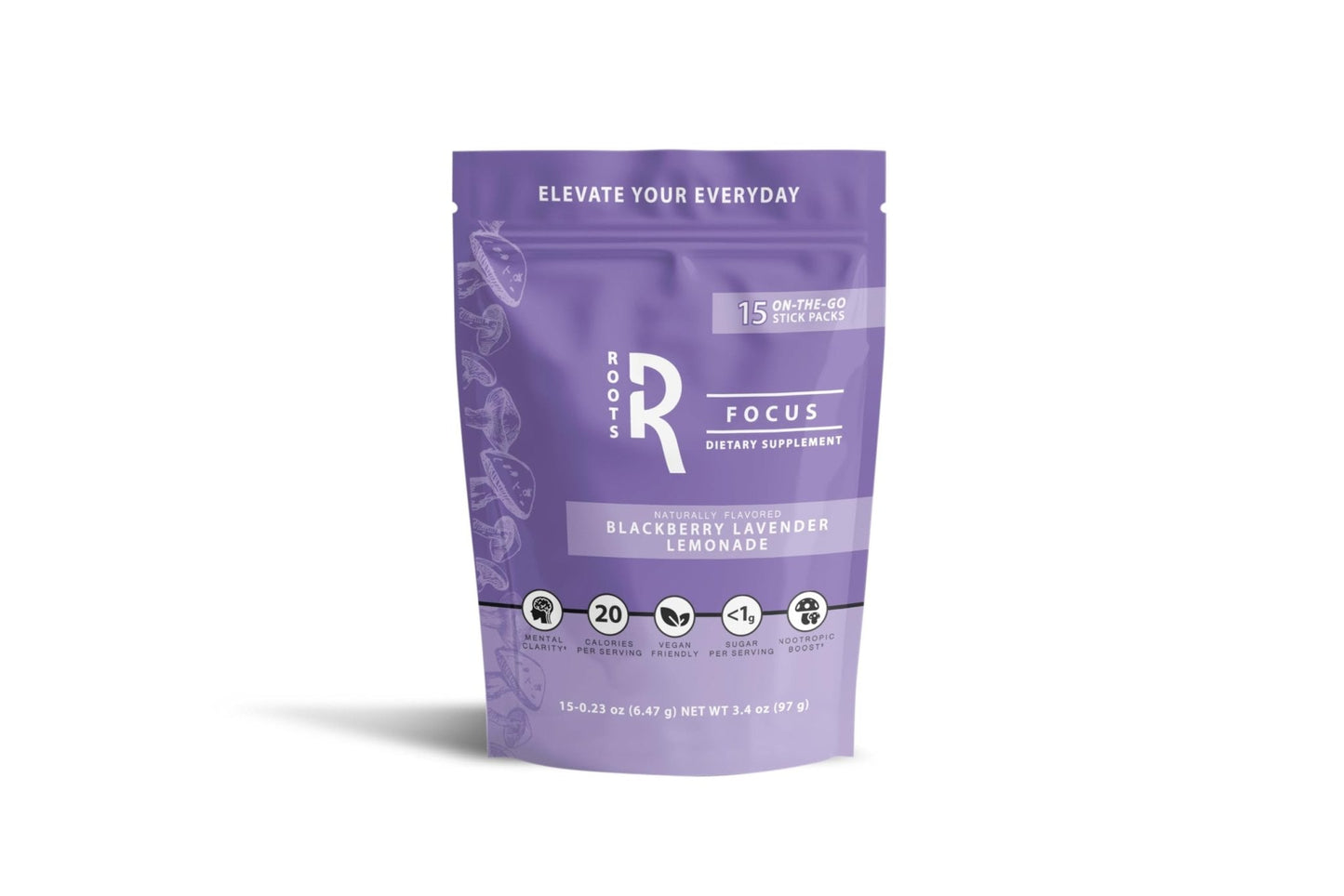 Roots Focus Brain Supplement - Nootropic Mushroom Supplement Powder for Memory, Focus, Energy - Lion's Mane, Cordyceps, and Reishi Mushrooms with Caffeine - Blackberry Lemonade, 15 On the Go Packets - Maple Wellness Supplements