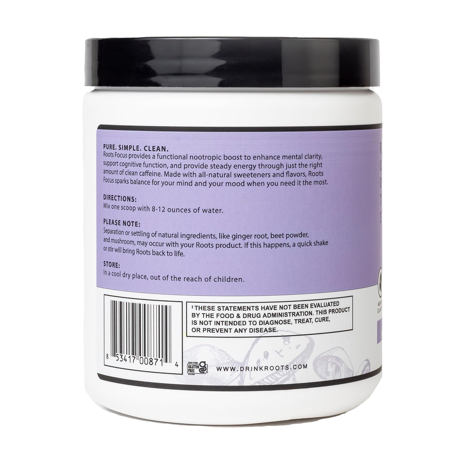 Roots Focus Brain Supplement - Nootropic Mushroom Supplement Powder for Memory, Focus, Energy - Lion's Mane, Cordyceps, Reishi Mushrooms with Caffeine - Blackberry Lemonade, 11.6oz Tub (50 Servings) - Maple Wellness Supplements