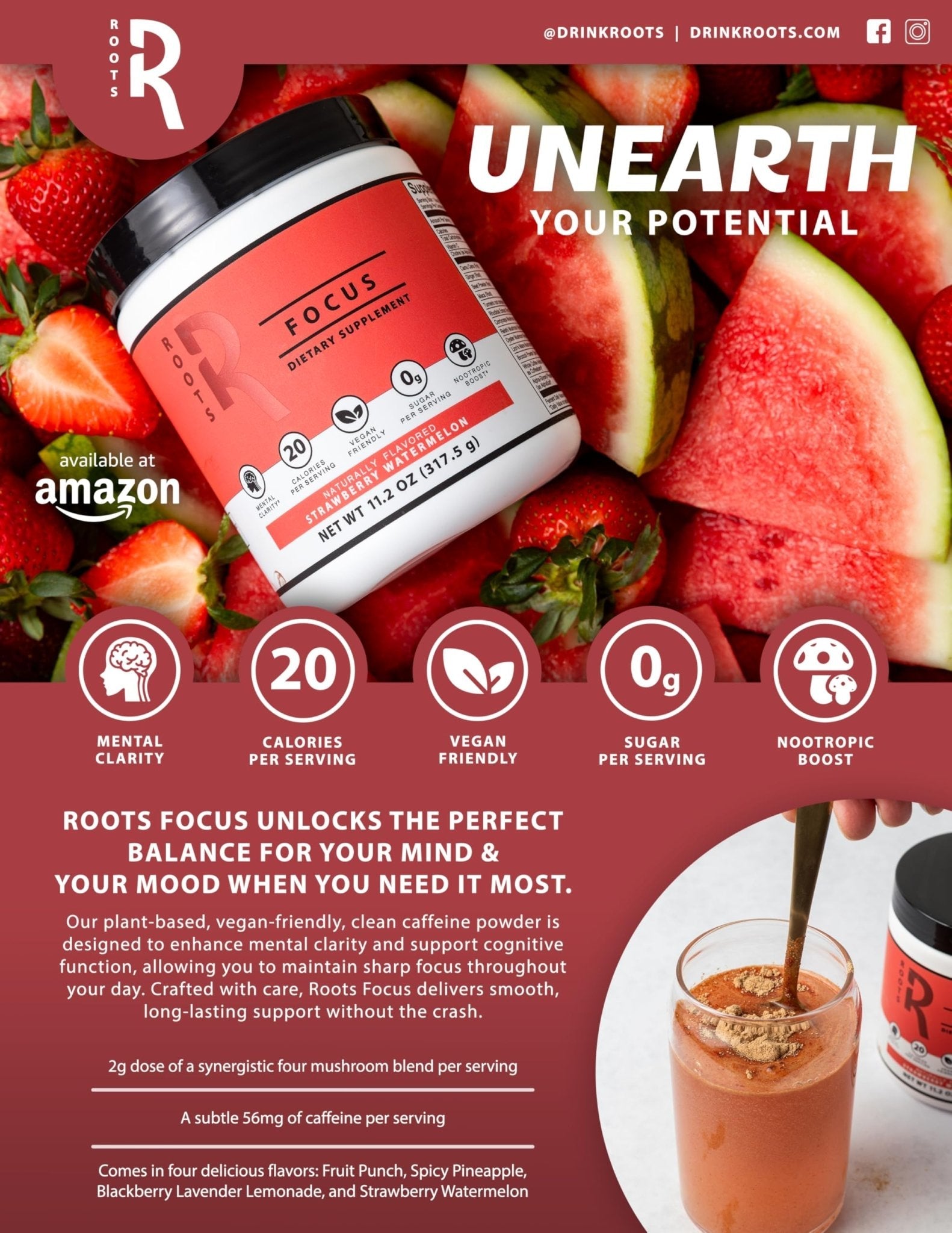 Roots Focus Brain Supplement - Nootropic Mushroom Supplement Powder for Memory, Focus, Energy - Lion's Mane, Cordyceps, Reishi Mushrooms with Caffeine - Blackberry Lemonade, 11.6oz Tub (50 Servings) - Maple Wellness Supplements