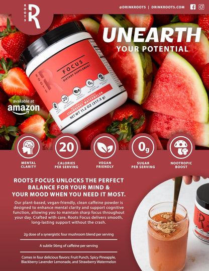 Roots Focus Brain Supplement - Nootropic Mushroom Supplement Powder for Memory, Focus, Energy - Lion's Mane, Cordyceps, Reishi Mushrooms with Caffeine - Blackberry Lemonade, 11.6oz Tub (50 Servings) - Maple Wellness Supplements