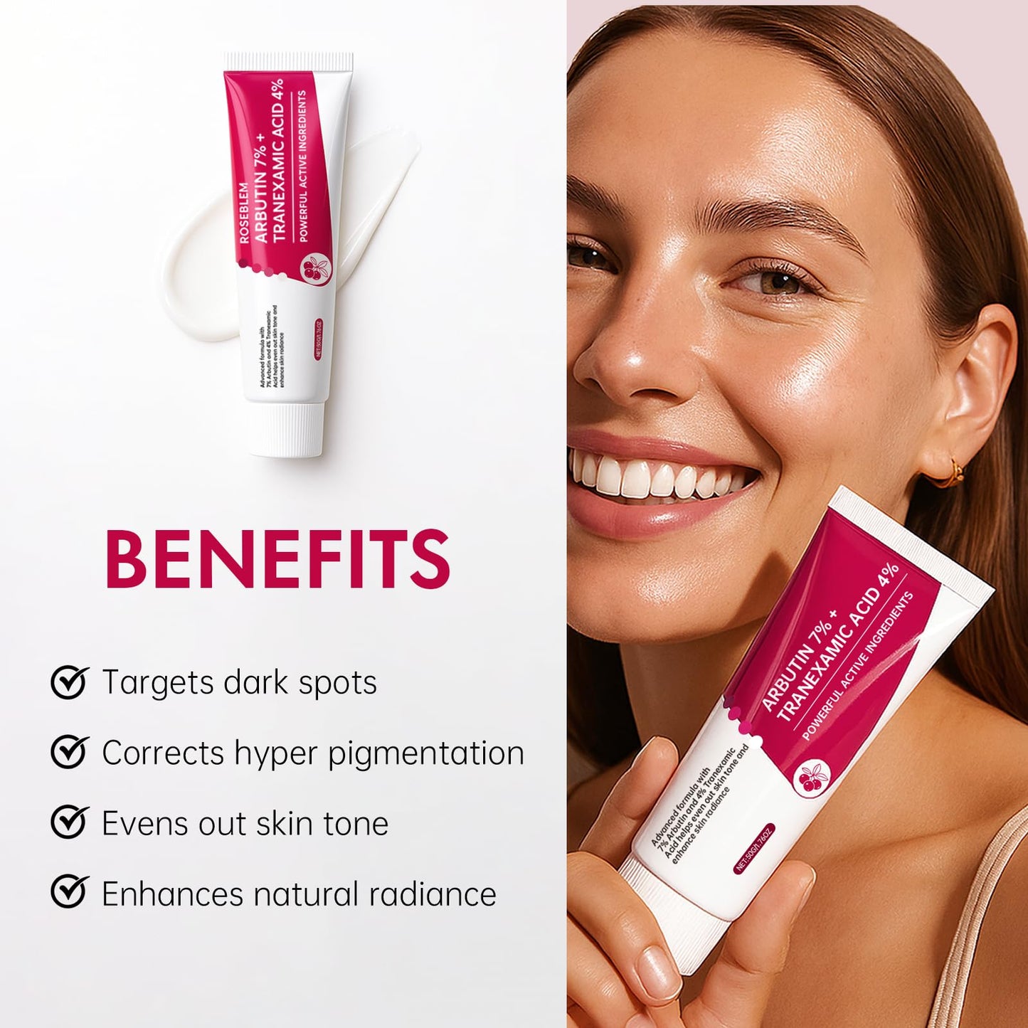 Roseblem Arbutin 7% + Tranexamic Acid 4% Face Cream for Dark Spots & Uneven Skin Tone - Maple Wellness Supplements