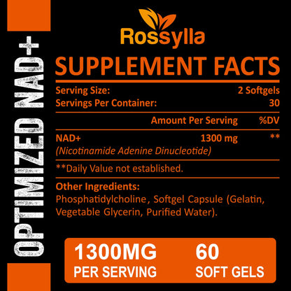 Rossylla 1300 MG Liposomal NAD+ Supplement | Highest Absorption | Purest NAD Supplemet to Boost NAD+ Effetively | Boosting NAD+ Supplement for Aging Defese, Cellular Energy, Longevity | 120 Count - Maple Wellness Supplements