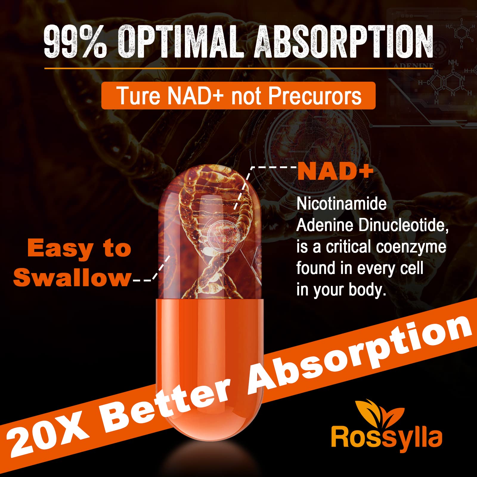 Rossylla 1300 MG Liposomal NAD+ Supplement | Highest Absorption | Purest NAD Supplemet to Boost NAD+ Effetively | Boosting NAD+ Supplement for Aging Defese, Cellular Energy, Longevity | 120 Count - Maple Wellness Supplements