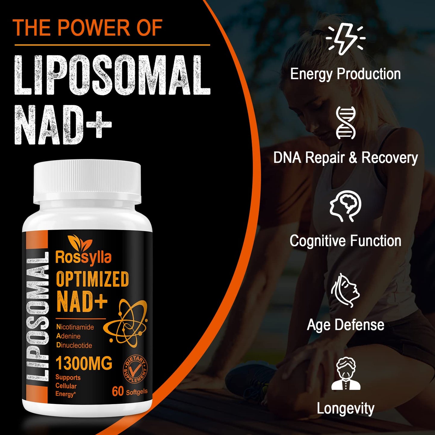 Rossylla 1300 MG Liposomal NAD+ Supplement | Highest Absorption | Purest NAD Supplemet to Boost NAD+ Effetively | Boosting NAD+ Supplement for Aging Defese, Cellular Energy, Longevity | 120 Count - Maple Wellness Supplements