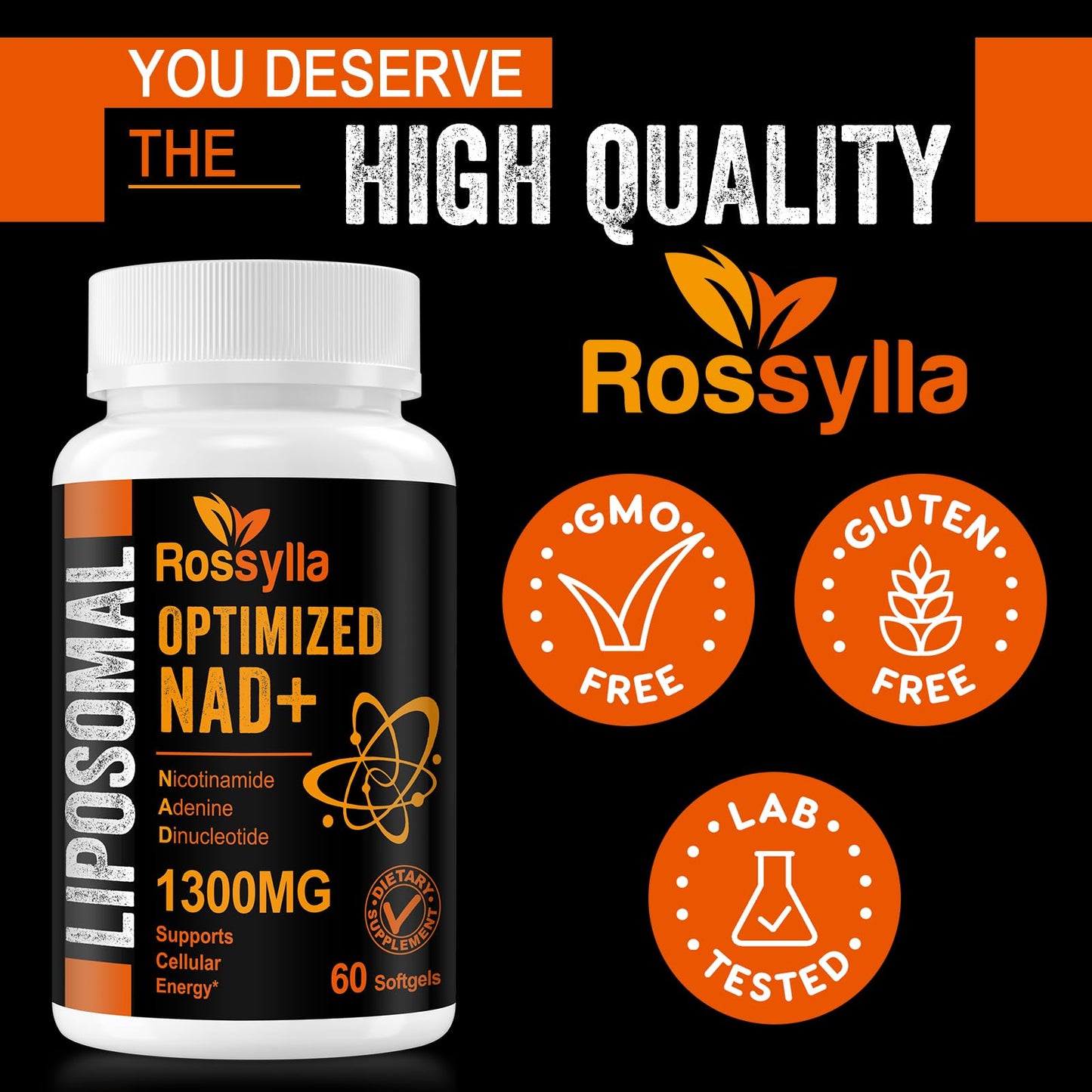 Rossylla 1300 MG Liposomal NAD+ Supplement | Highest Absorption | Purest NAD Supplemet to Boost NAD+ Effetively | Boosting NAD+ Supplement for Aging Defese, Cellular Energy, Longevity | 120 Count - Maple Wellness Supplements