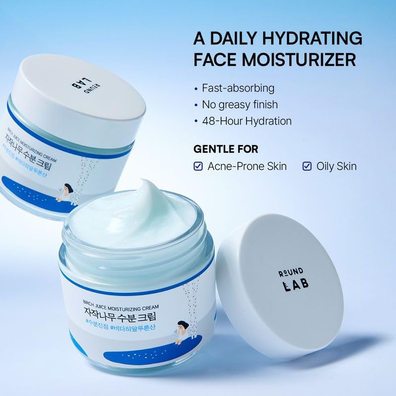ROUND LAB Birch Juice Moisturizing Cream 2.7 Fl Oz, 48-Hour Deep Hydrating Face Moisturizer with Birch Sap & Vita Hyaluronic Acid for Acne-Prone Skin - Maple Wellness Supplements
