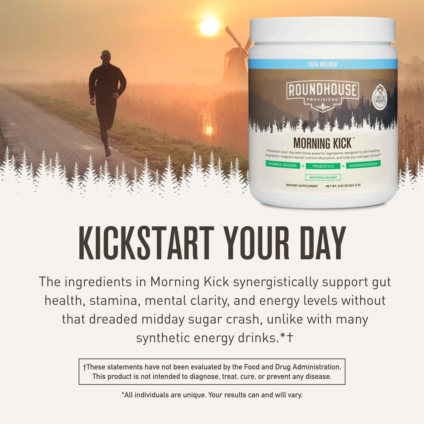 ROUNDHOUSE PROVISION Morning Kick by Chuck Norris - Watermelon Mint Flavor - Greens Superfood Powder with Probiotics, Collagen Peptides & Ashwagandha to Help Support Gut & Joint Health, 3 Pack - Maple Wellness Supplements