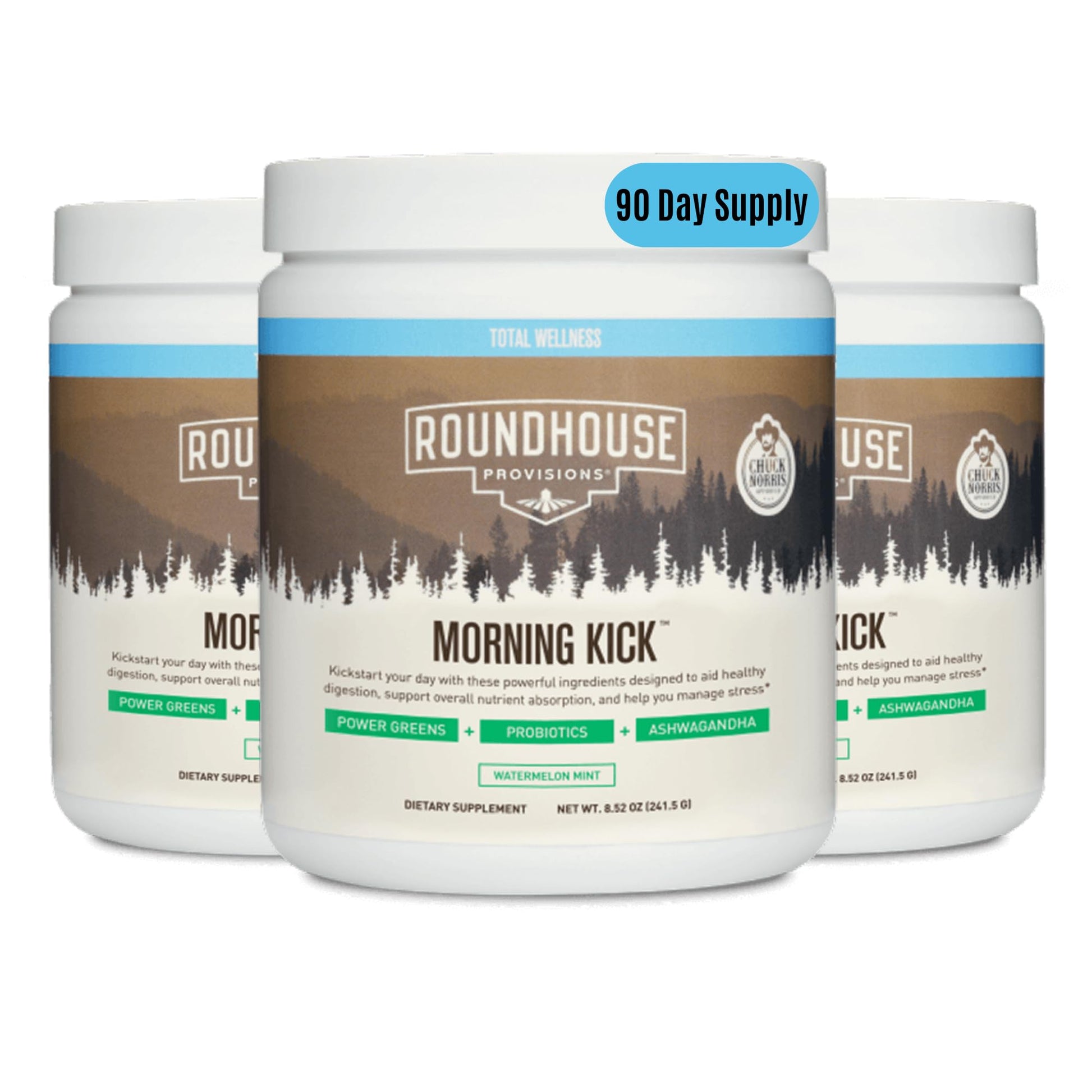 ROUNDHOUSE PROVISION Morning Kick by Chuck Norris - Watermelon Mint Flavor - Greens Superfood Powder with Probiotics, Collagen Peptides & Ashwagandha to Help Support Gut & Joint Health, 3 Pack - Maple Wellness Supplements