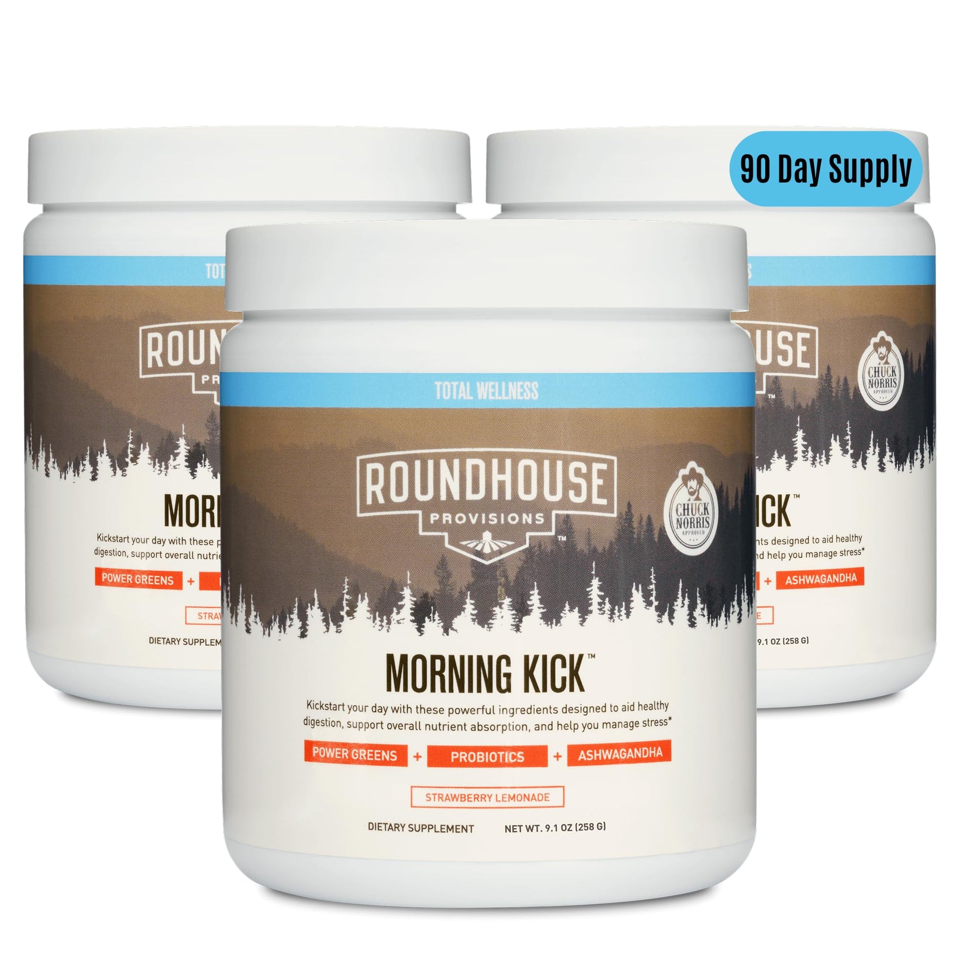 ROUNDHOUSE PROVISION Morning Kick, Greens Superfood Powder Supplement with Ashwagandha, Collagen & Probiotics - Sugar Free, Caffeine Free (3 Pack, Strawberry Lemonade Flavor) by Chuck Norris - Maple Wellness Supplements