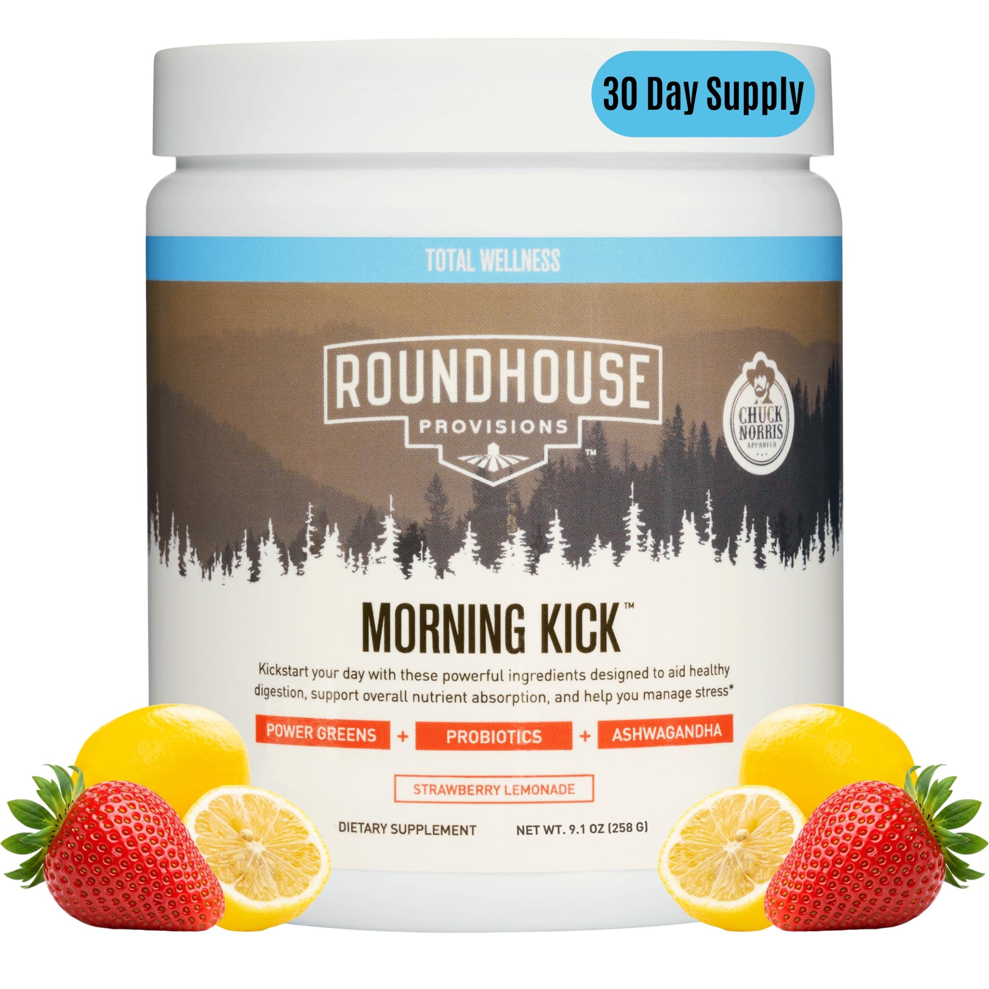 ROUNDHOUSE PROVISION Morning Kick, Zero Sugar Greens Superfood Powder Supplement with Ashwagandha, Collagen, Probiotics, Debloat Drink - Maple Wellness Supplements