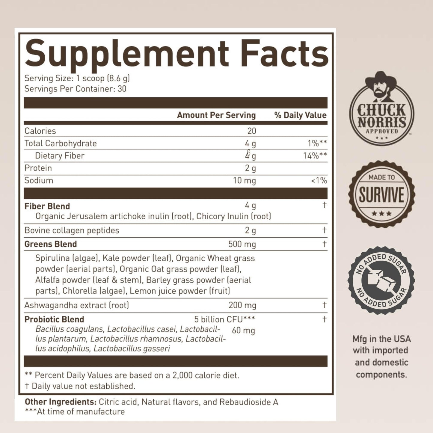 ROUNDHOUSE PROVISION Morning Kick, Zero Sugar Greens Superfood Powder Supplement with Ashwagandha, Collagen, Probiotics, Debloat Drink - Maple Wellness Supplements