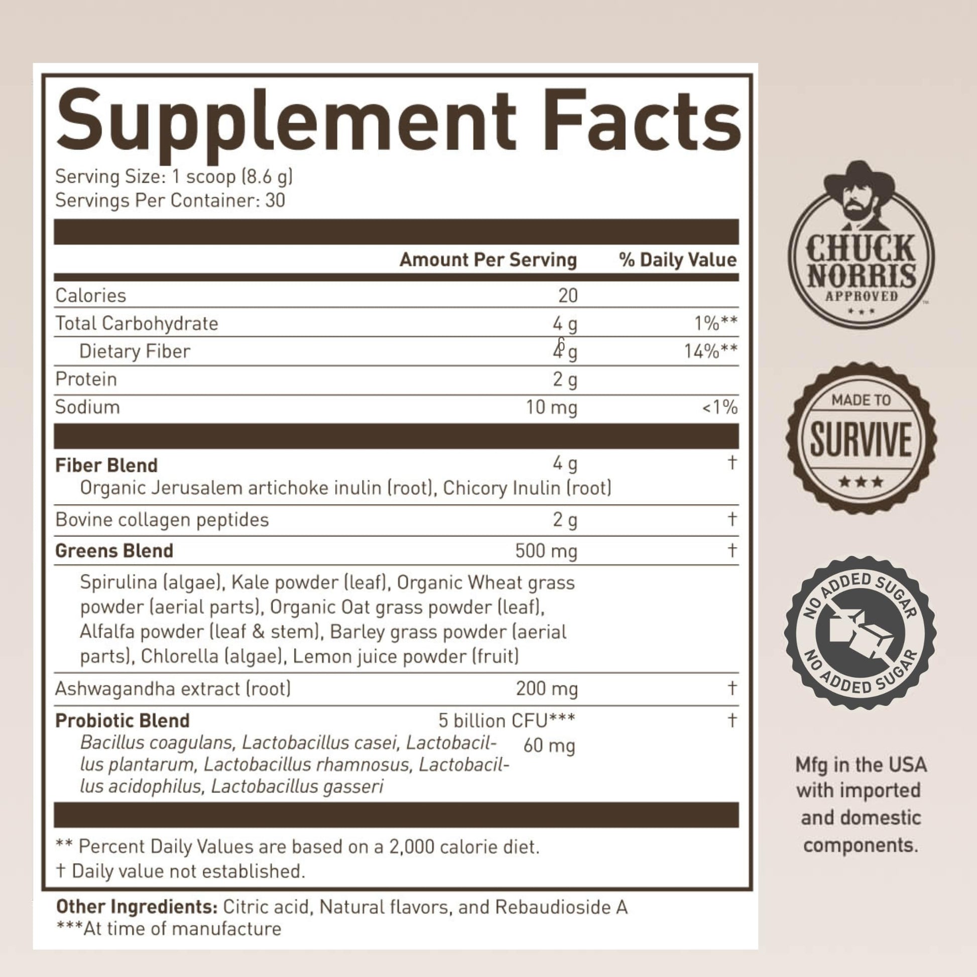ROUNDHOUSE PROVISION Morning Kick, Zero Sugar Greens Superfood Powder Supplement with Ashwagandha, Collagen, Probiotics, Debloat Drink - Maple Wellness Supplements