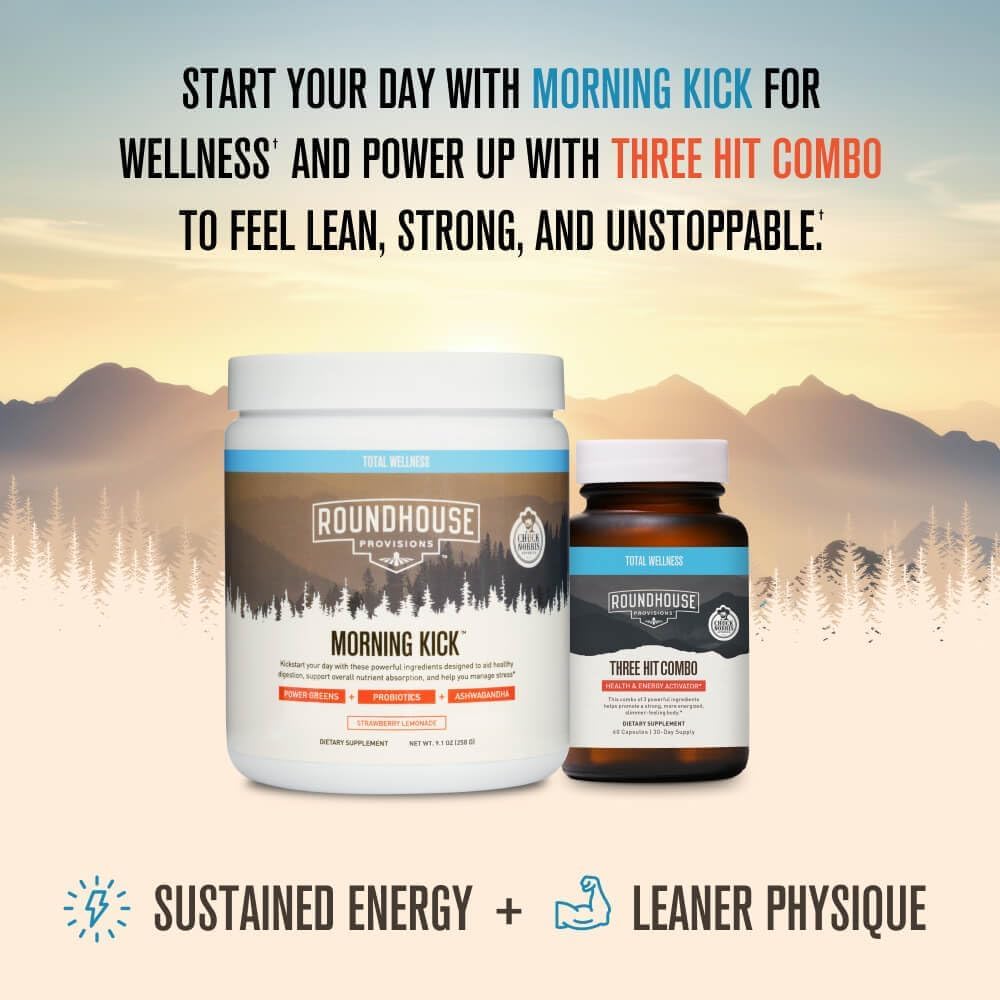 ROUNDHOUSE PROVISION Morning Kick, Zero Sugar Greens Superfood Powder Supplement with Ashwagandha, Collagen, Probiotics, Debloat Drink - Maple Wellness Supplements