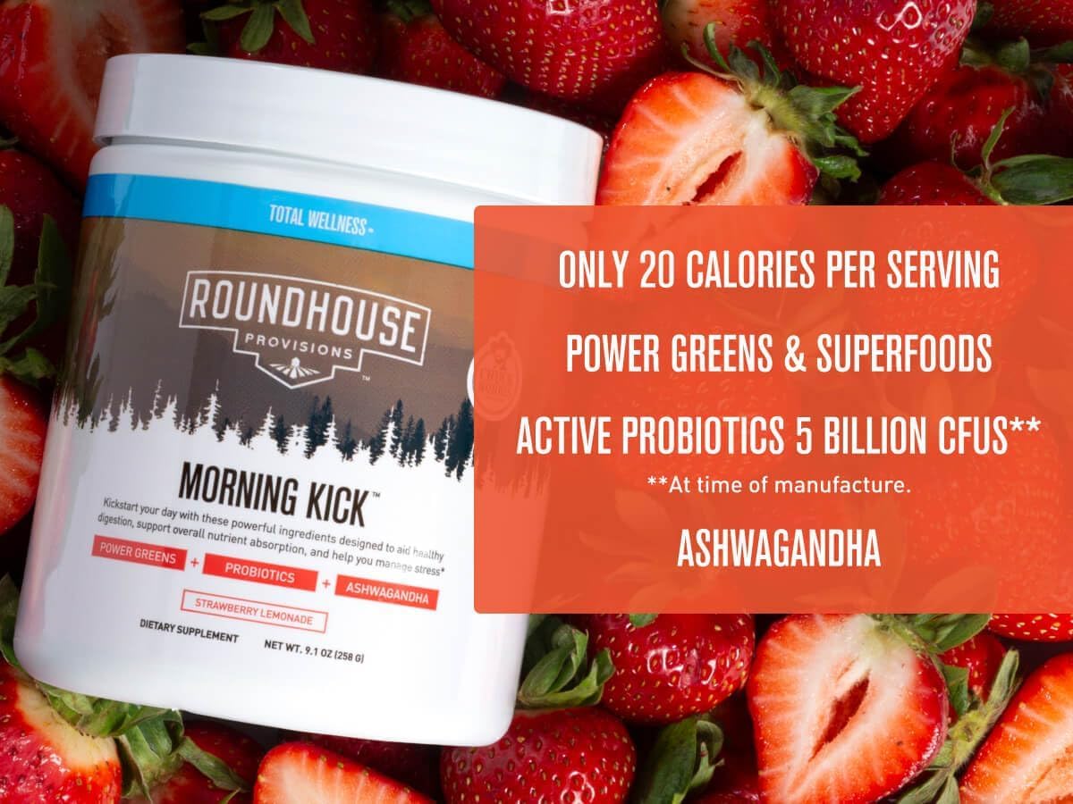 ROUNDHOUSE PROVISION Morning Kick, Zero Sugar Greens Superfood Powder Supplement with Ashwagandha, Collagen, Probiotics, Debloat Drink - Maple Wellness Supplements