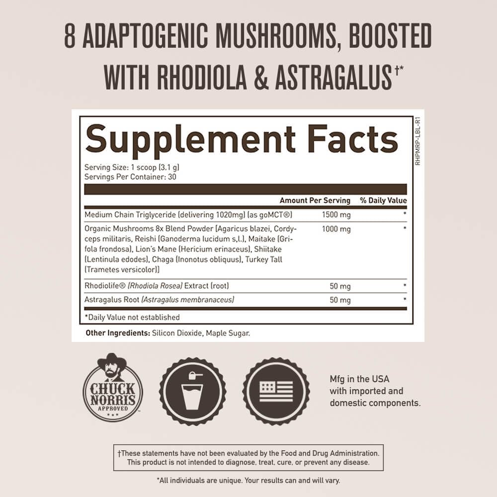 ROUNDHOUSE PROVISION Qi Master Adaptogen Blend, Earthy Mushroom Flavor with Astragalus Root, Rhodiolife Extract, MCT, 8 Organic Mushrooms (30 Scoops) by Chuck Norris - Maple Wellness Supplements