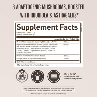 ROUNDHOUSE PROVISION Qi Master Adaptogen Blend, Earthy Mushroom Flavor with Astragalus Root, Rhodiolife Extract, MCT, 8 Organic Mushrooms (30 Scoops) by Chuck Norris - Maple Wellness Supplements