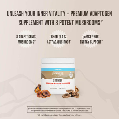 ROUNDHOUSE PROVISION Qi Master Adaptogen Blend, Earthy Mushroom Flavor with Astragalus Root, Rhodiolife Extract, MCT, 8 Organic Mushrooms (30 Scoops) by Chuck Norris - Maple Wellness Supplements