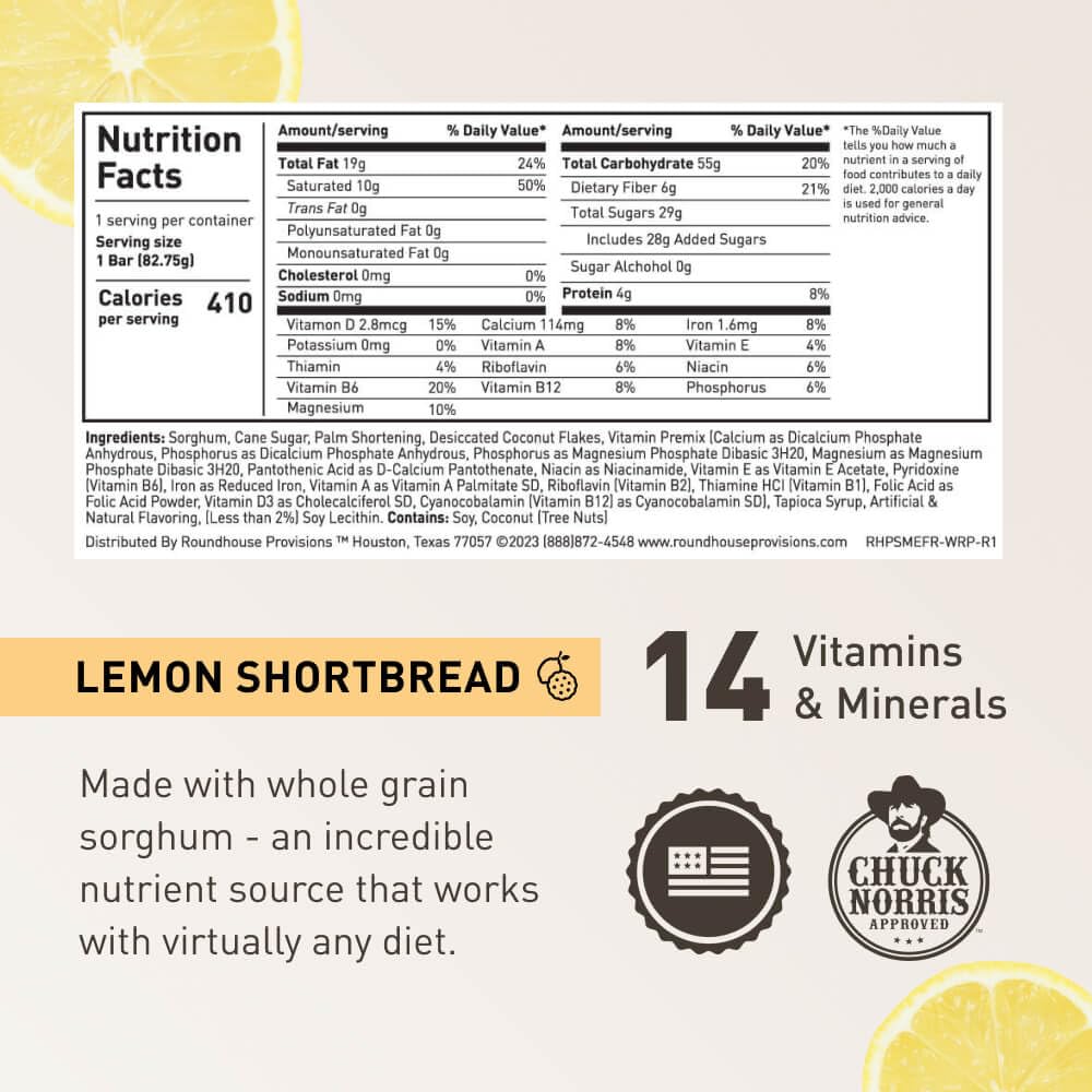 Roundhouse Provisions by Chuck Norris Emergency Food Bars - High Calorie Lemon Shortbread, 14 Vitamins & Minerals - Whole Grain Sorghum, 5-Year Shelf Life - Survival Rations for Crisis & Adventure - Maple Wellness Supplements