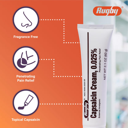 Rugby Capsaicin 0.025% Cream for Penetrating Pain Relief - 2.1 Oz (60g) (6 Pack) - Maple Wellness Supplements