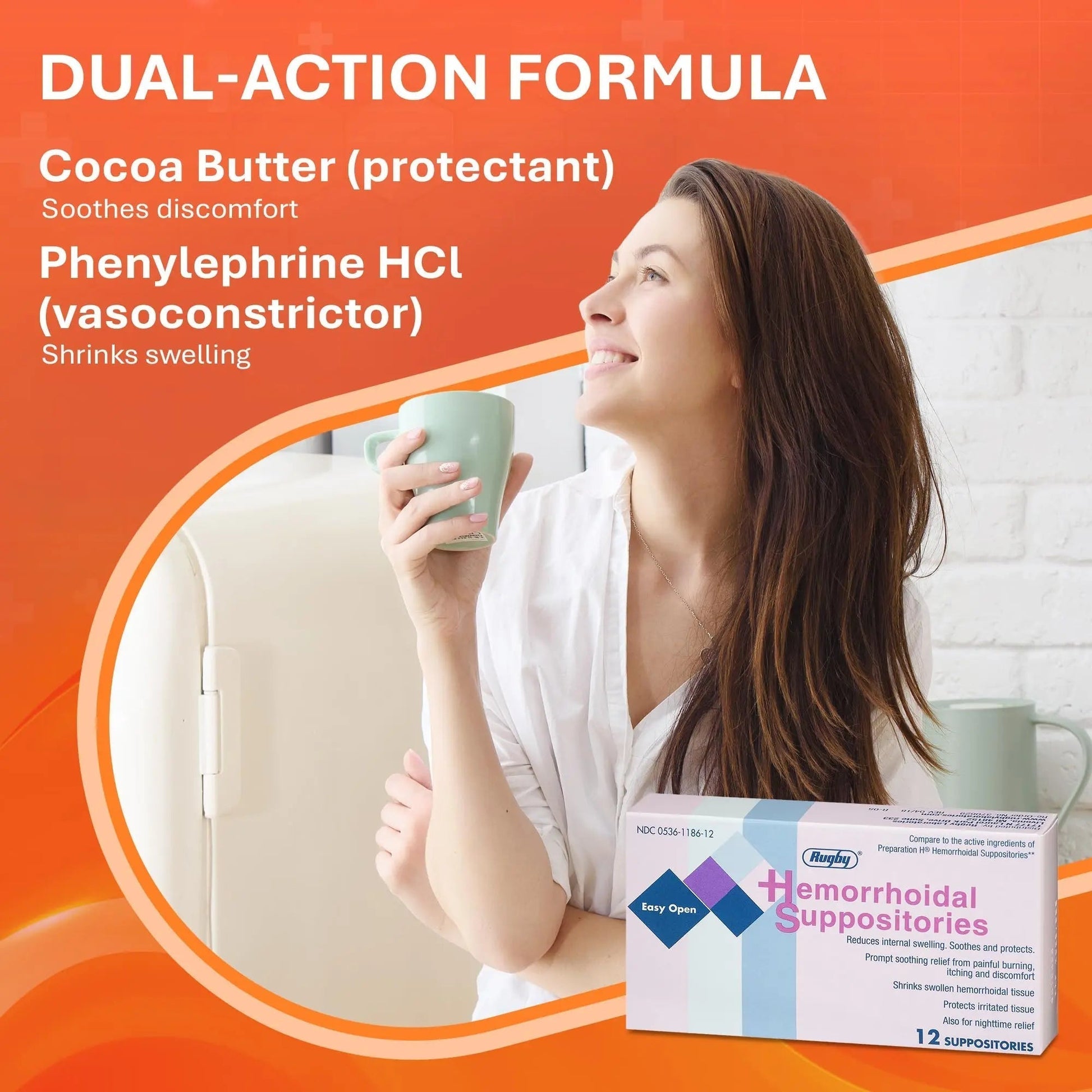 Rugby Hemorrhoidal Suppositories - Soothing and Shrinking Action for Internal Hemorrhoids with Cocoa Butter and Phenylephrine HCl, Easy Open Design - 12 Count - Maple Wellness Supplements