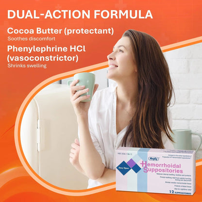 Rugby Hemorrhoidal Suppositories - Soothing and Shrinking Action for Internal Hemorrhoids with Cocoa Butter and Phenylephrine HCl, Easy Open Design - 12 Count - Maple Wellness Supplements