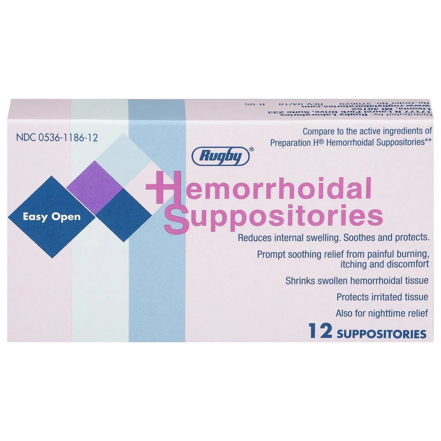 Rugby Hemorrhoidal Suppositories - Soothing and Shrinking Action for Internal Hemorrhoids with Cocoa Butter and Phenylephrine HCl, Easy Open Design - 12 Count - Maple Wellness Supplements