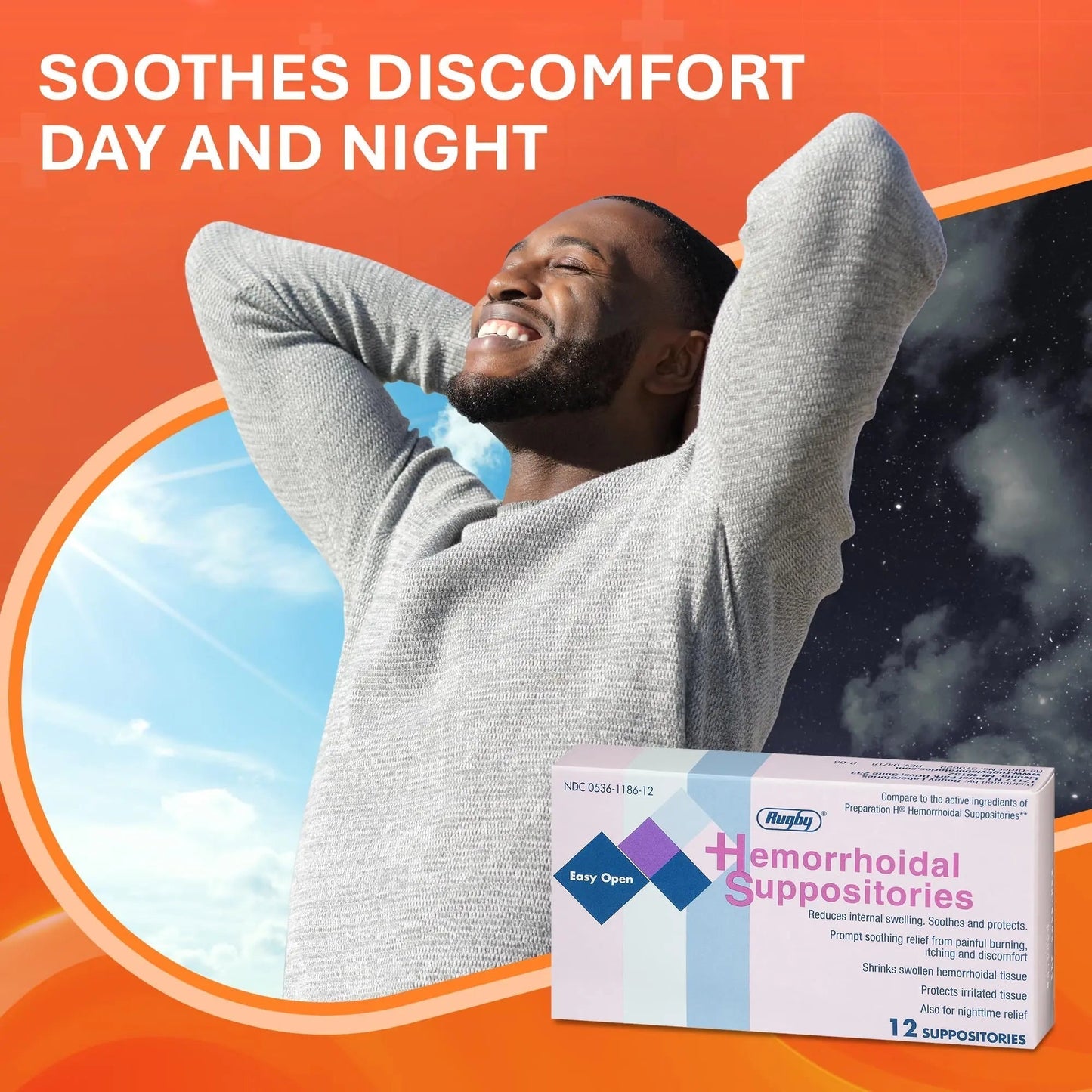 Rugby Hemorrhoidal Suppositories - Soothing and Shrinking Action for Internal Hemorrhoids with Cocoa Butter and Phenylephrine HCl, Easy Open Design - 12 Count - Maple Wellness Supplements