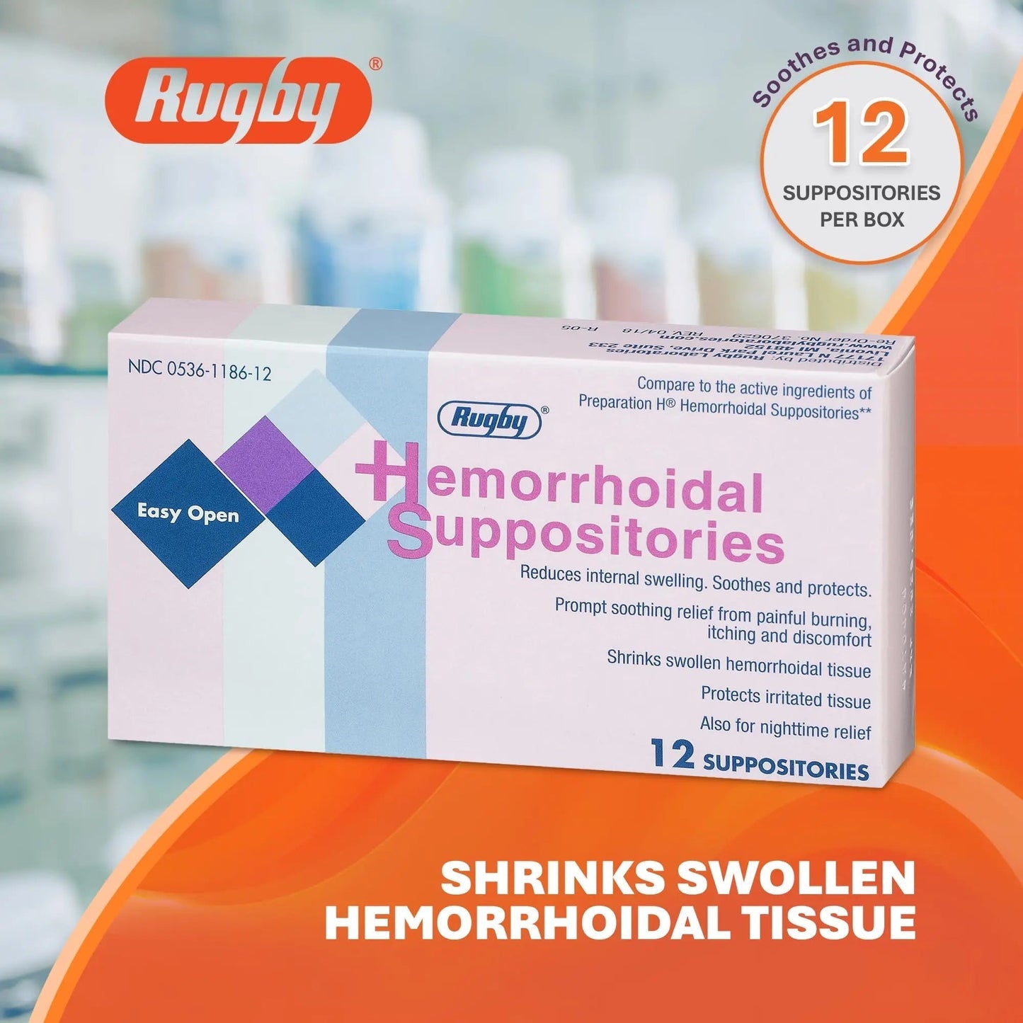 Rugby Hemorrhoidal Suppositories - Soothing and Shrinking Action for Internal Hemorrhoids with Cocoa Butter and Phenylephrine HCl, Easy Open Design - 12 Count - Maple Wellness Supplements