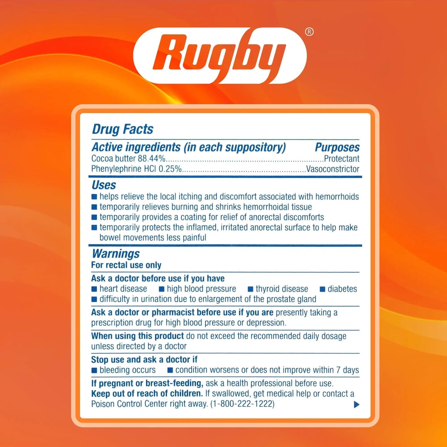 Rugby Hemorrhoidal Suppositories - Soothing and Shrinking Action for Internal Hemorrhoids with Cocoa Butter and Phenylephrine HCl, Easy Open Design - 12 Count - Maple Wellness Supplements