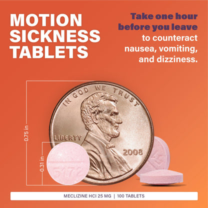 Rugby Meclizine Chewable Tablets 25mg - Anti-Nausea Medicine Helps with Motion Sickness - 100 Count (1 Pack) - Maple Wellness Supplements