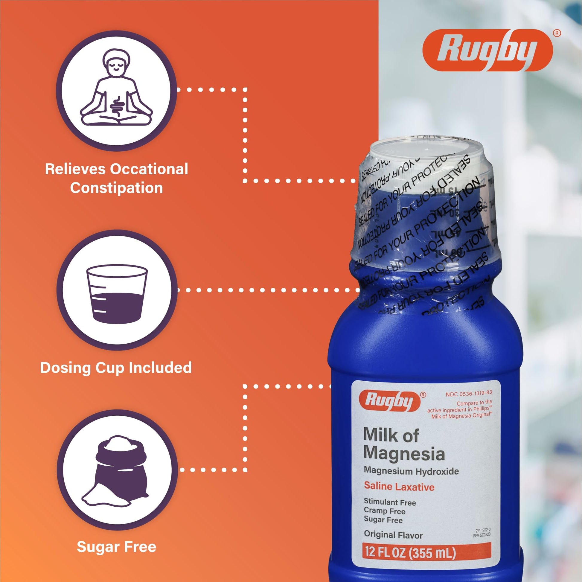 Rugby Milk of Magnesia Magnesium Hydroxide Saline Laxative – Stimulant, Cramp & Sugar-Free - Original Flavor – 12 Fl Oz - Maple Wellness Supplements