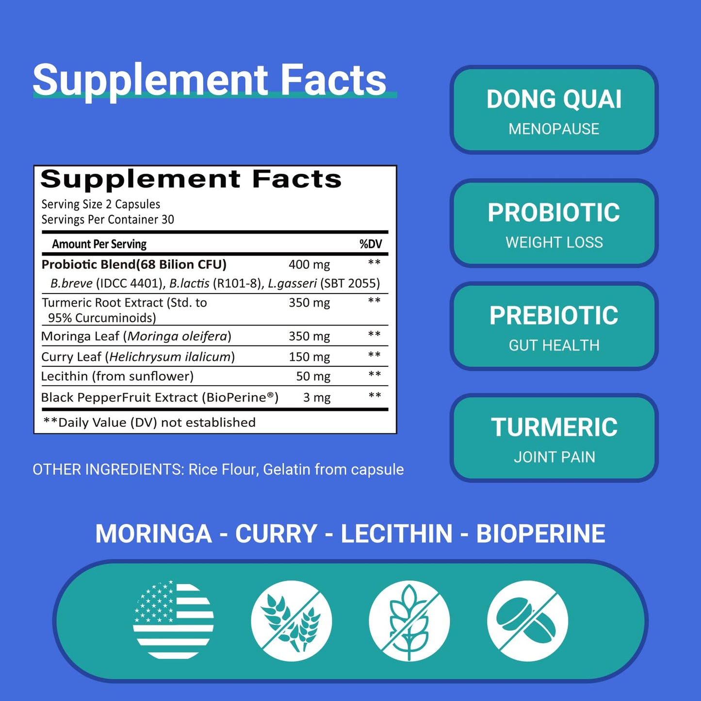 Ruolai ProBalance Probiotics for Women 68B CFU – Menopause, Bloat & Belly Support – Turmeric & Moringa - Maple Wellness Supplements