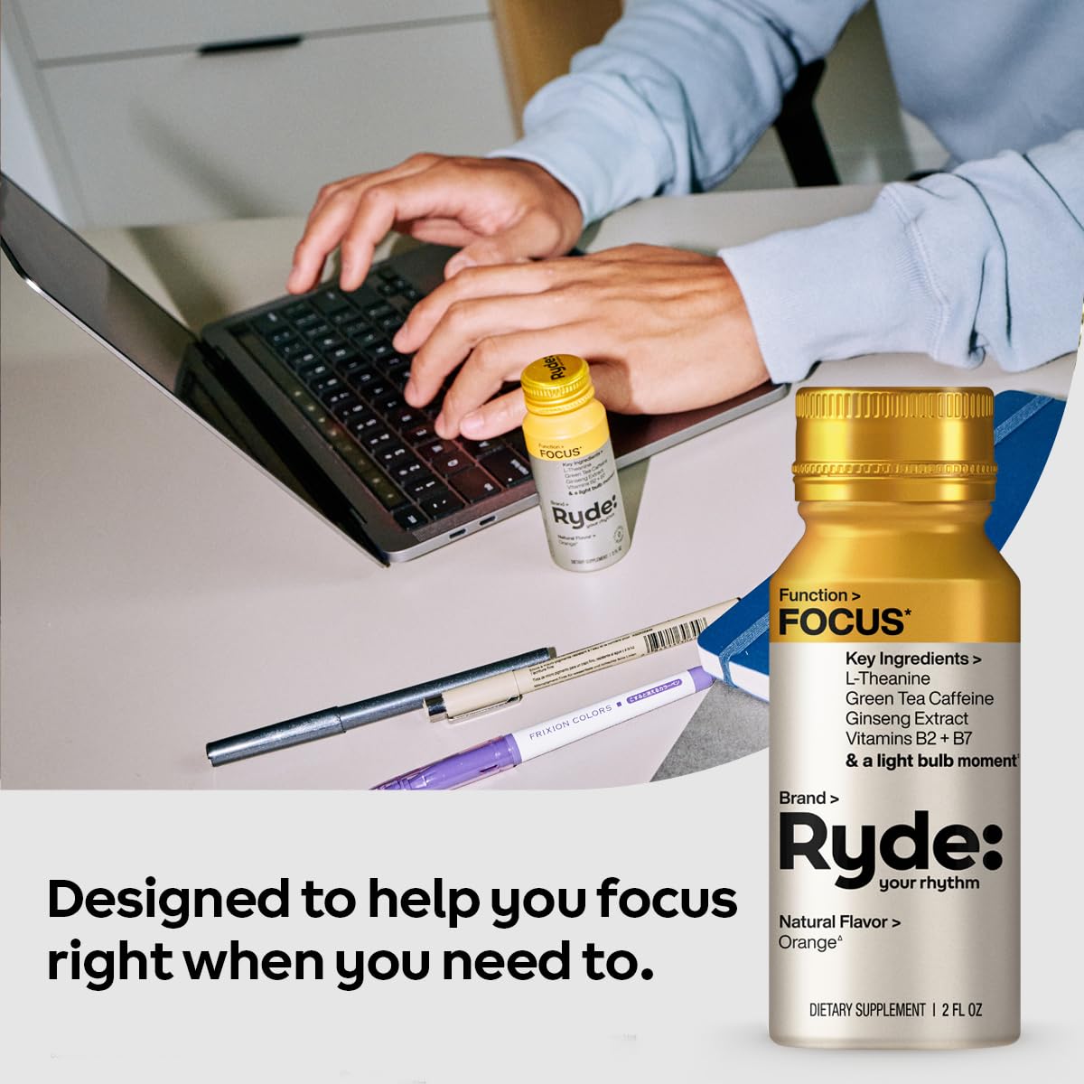 Ryde: Focus Shot | Orange Flavor | L-Theanine & Ginseng | Green Tea Caffeine | Vitamins B2 & B7 | 0 Calories, 0 Sugar | 2 FL OZ Shots | Supports Focus* (8 Pack) - Maple Wellness Supplements