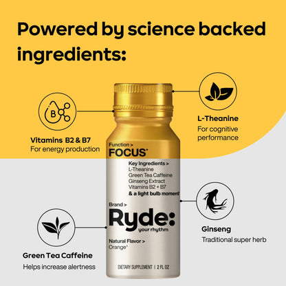 Ryde: Focus Shot | Orange Flavor | L-Theanine & Ginseng | Green Tea Caffeine | Vitamins B2 & B7 | 0 Calories, 0 Sugar | 2 FL OZ Shots | Supports Focus* (8 Pack) - Maple Wellness Supplements