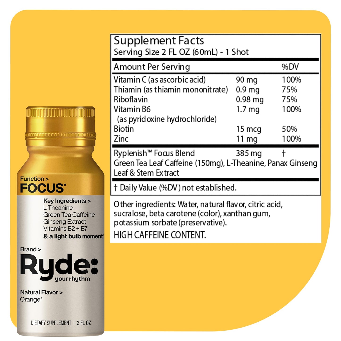 Ryde: Focus Shot | Orange Flavor | L-Theanine & Ginseng | Green Tea Caffeine | Vitamins B2 & B7 | 0 Calories, 0 Sugar | 2 FL OZ Shots | Supports Focus* (8 Pack) - Maple Wellness Supplements